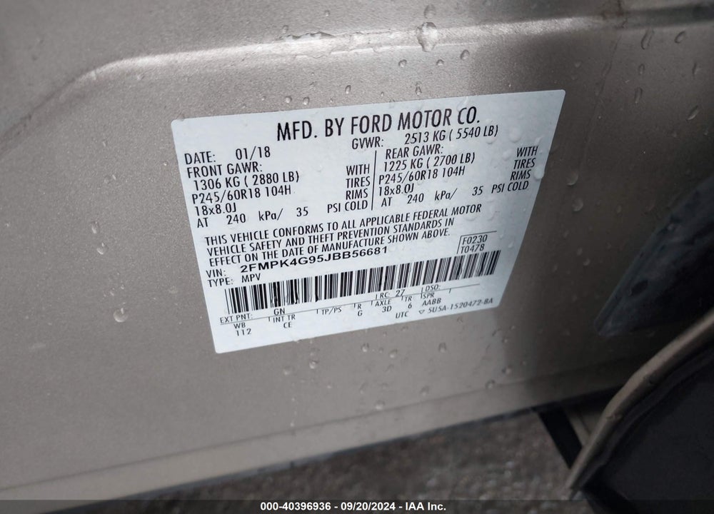 2018 FORD EDGE SE VIN: 2FMPK4G95JBB56681