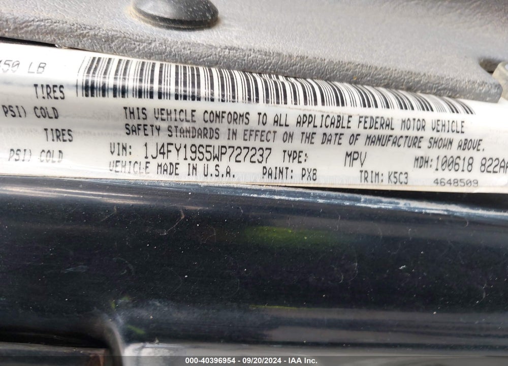 1998 JEEP WRANGLER SPORT VIN: 1J4FY19S5WP727237