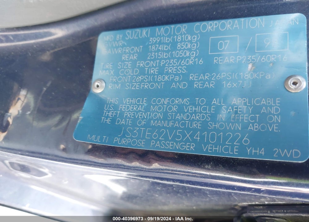 1999 SUZUKI GRAND VITARA JS/JS+ VIN: JS3TE62V5X4101226