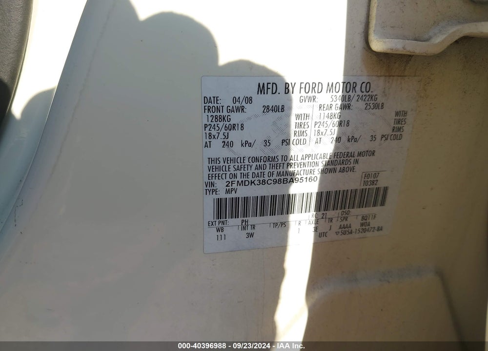 2008 FORD EDGE SEL VIN: 2FMDK38C98BA95160