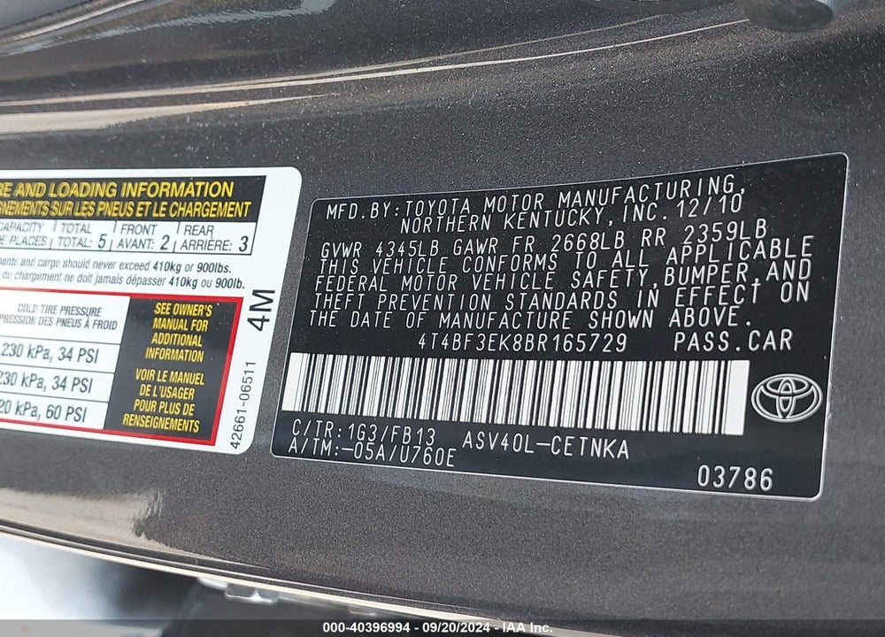 2011 TOYOTA CAMRY VIN: 4T4BF3EK8BR165729