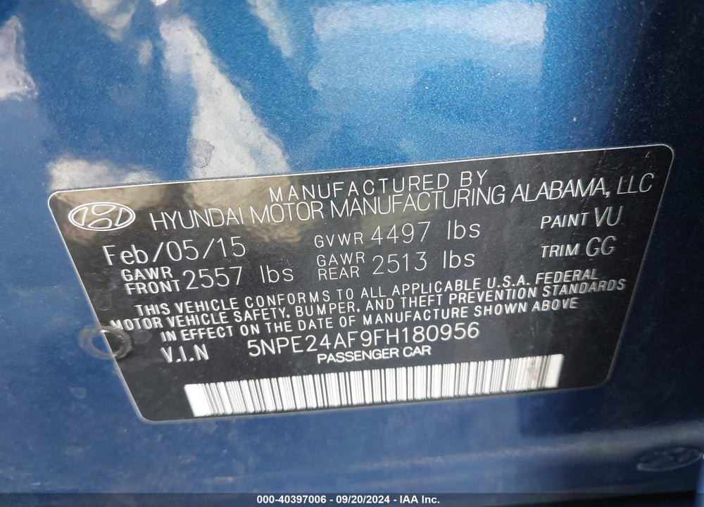 2015 HYUNDAI SONATA SE VIN: 5NPE24AF9FH180956