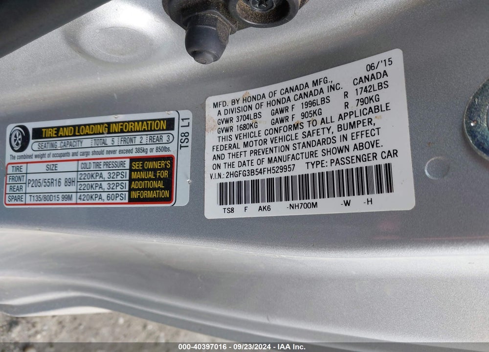 2015 HONDA CIVIC LX VIN: 2HGFG3B54FH529957
