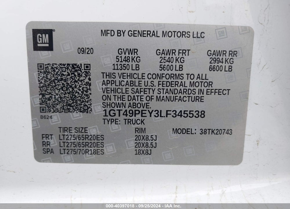 2020 GMC SIERRA 2500HD 4WD STANDARD BED AT4 VIN: 1GT49PEY3LF345538