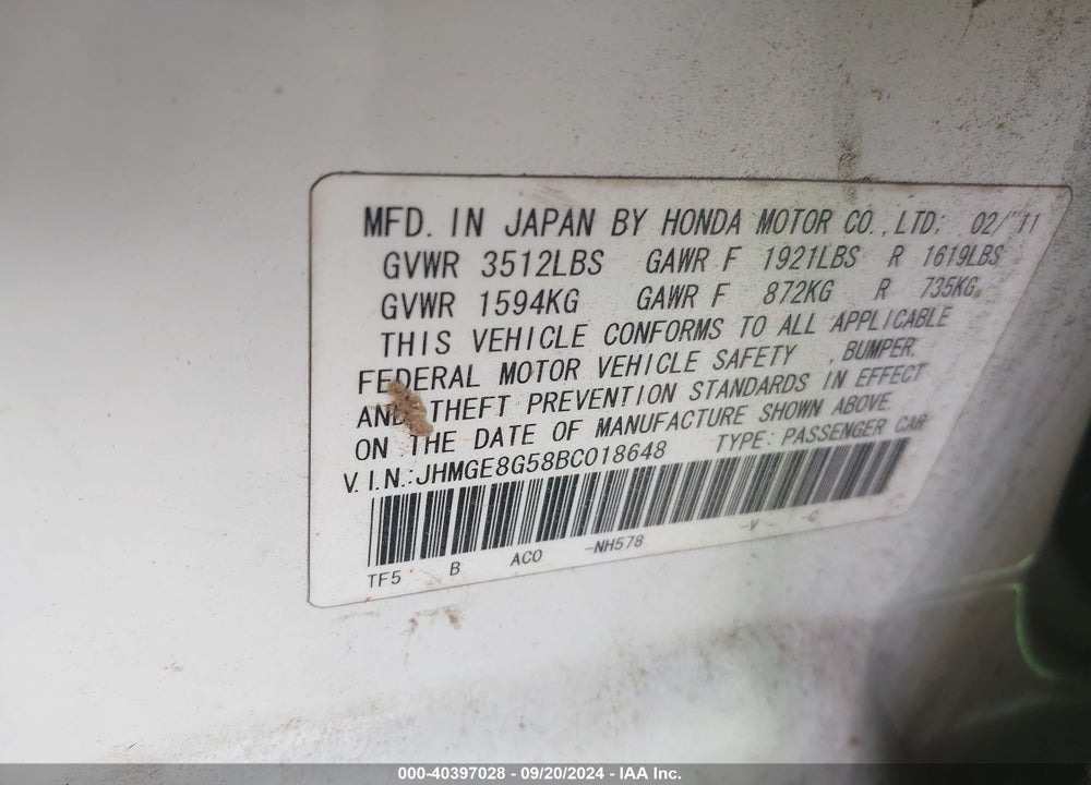 2011 HONDA FIT SPORT VIN: JHMGE8G58BC018648