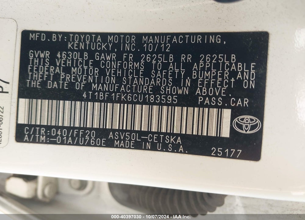 2012 TOYOTA CAMRY SE VIN: 4T1BF1FK6CU183595