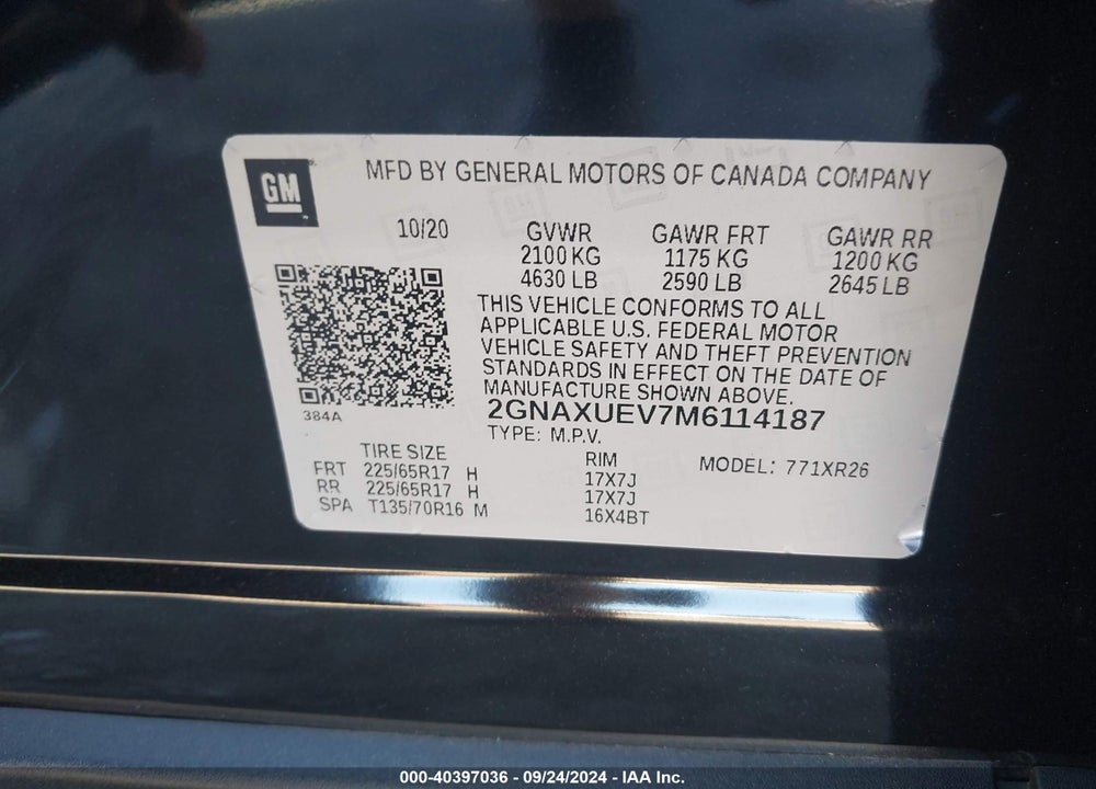 2021 CHEVROLET EQUINOX AWD LT VIN: 2GNAXUEV7M6114187