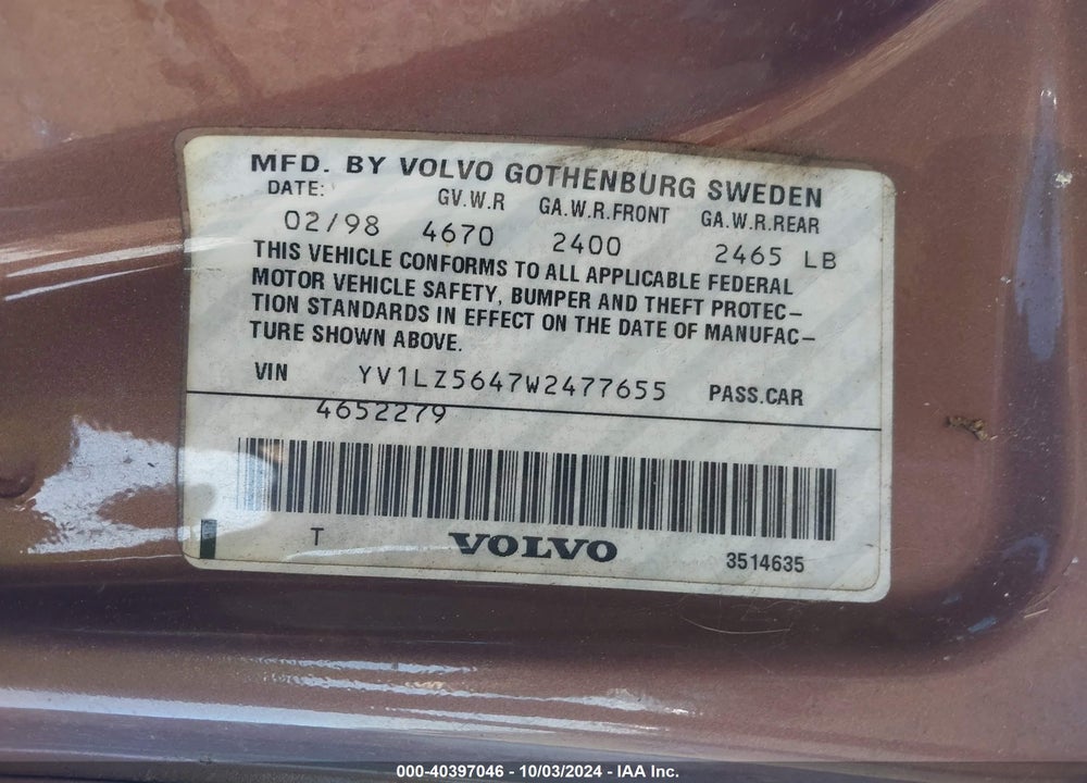 1998 VOLVO V70 AWD VIN: YV1LZ5647W2477655