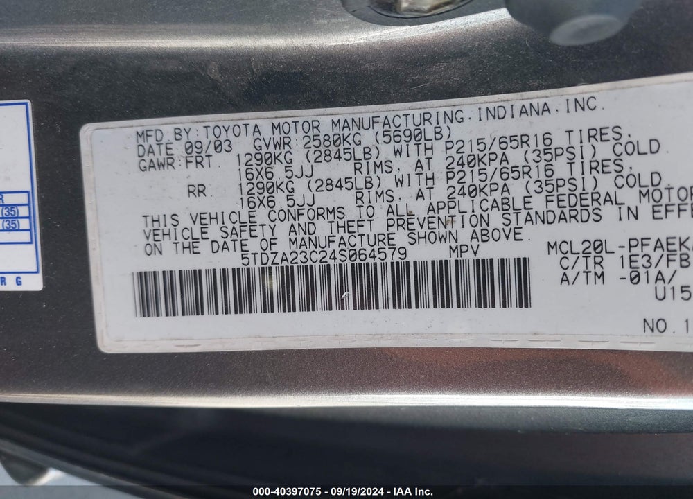 2004 TOYOTA SIENNA LE VIN: 5TDZA23C24S064579