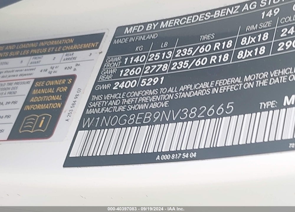 2022 MERCEDES-BENZ GLC 300 4MATIC SUV VIN: W1N0G8EB9NV382665