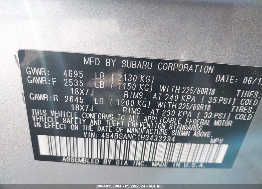 2017 SUBARU OUTBACK 2.5I LIMITED VIN: 4S4BSANC1H3433294