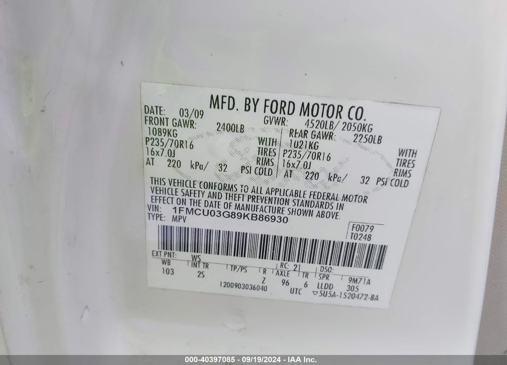 2009 FORD ESCAPE XLT VIN: 1FMCU03G89KB86930