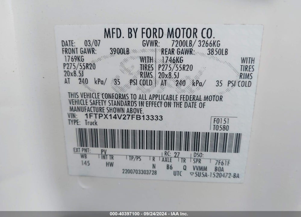 2007 FORD F-150 FX4/LARIAT/XL/XLT VIN: 1FTPX14V27FB13333
