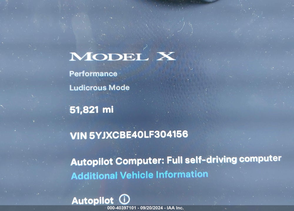 2020 TESLA MODEL X PERFORMANCE DUAL MOTOR ALL-WHEEL DRIVE VIN: 5YJXCBE40LF304156