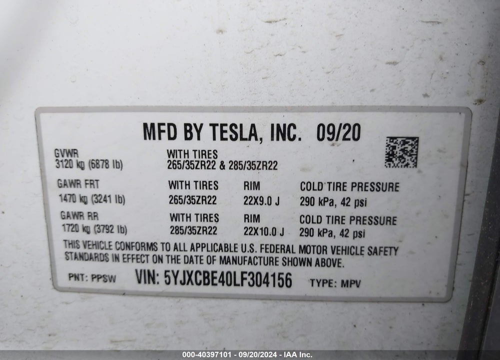 2020 TESLA MODEL X PERFORMANCE DUAL MOTOR ALL-WHEEL DRIVE VIN: 5YJXCBE40LF304156