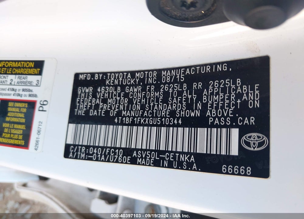 2016 TOYOTA CAMRY LE VIN: 4T1BF1FKXGU510344