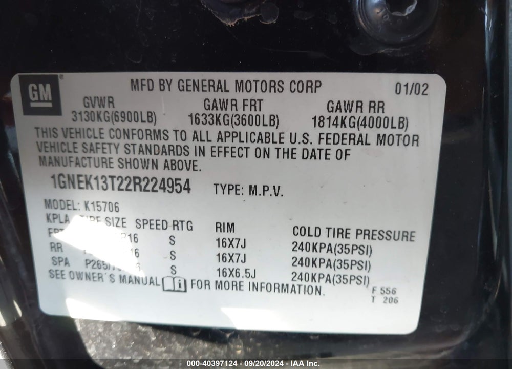 2002 CHEVROLET TAHOE LT VIN: 1GNEK13T22R224954