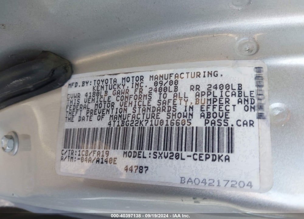 2001 TOYOTA CAMRY CE VIN: 4T1BG22K71U016605