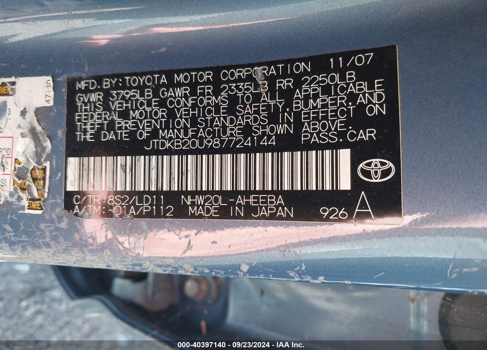 2008 TOYOTA PRIUS VIN: JTDKB20U987724144