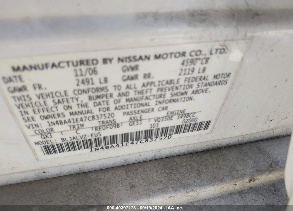 2007 NISSAN MAXIMA 3.5 SE VIN: 1N4BA41E47C837520