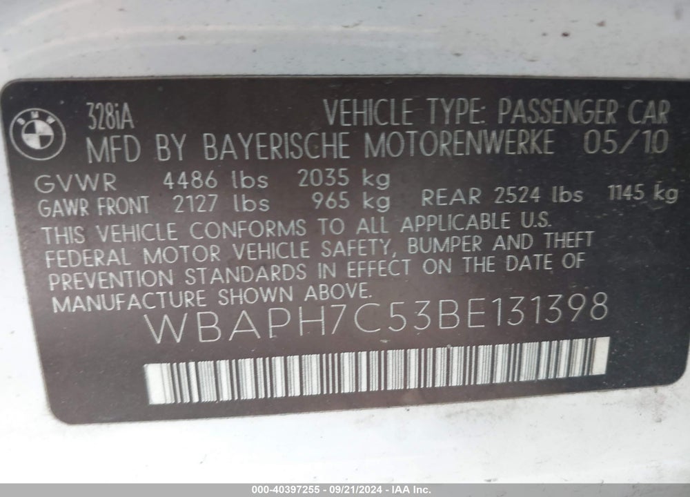 2011 BMW 328I VIN: WBAPH7C53BE131398