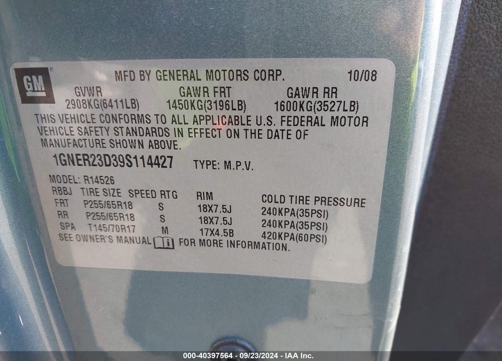 2009 CHEVROLET TRAVERSE LT VIN: 1GNER23D39S114427