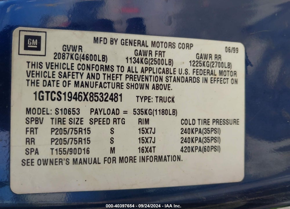 1999 GMC SONOMA SLS VIN: 1GTCS1946X8532481