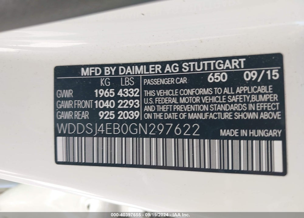 2016 MERCEDES-BENZ CLA 250 VIN: WDDSJ4EB0GN297622