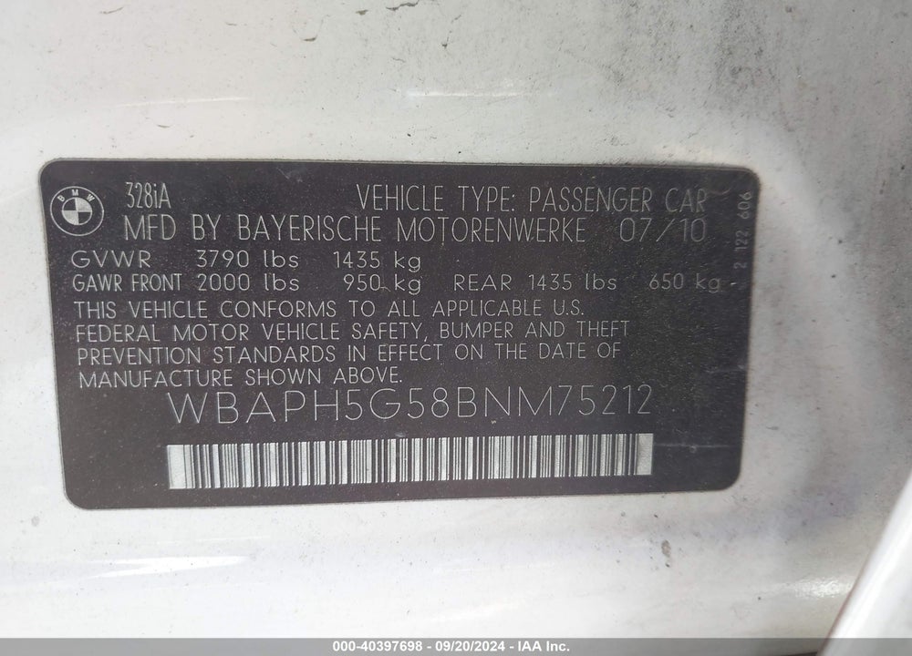 2011 BMW 328I VIN: WBAPH5G58BNM75212