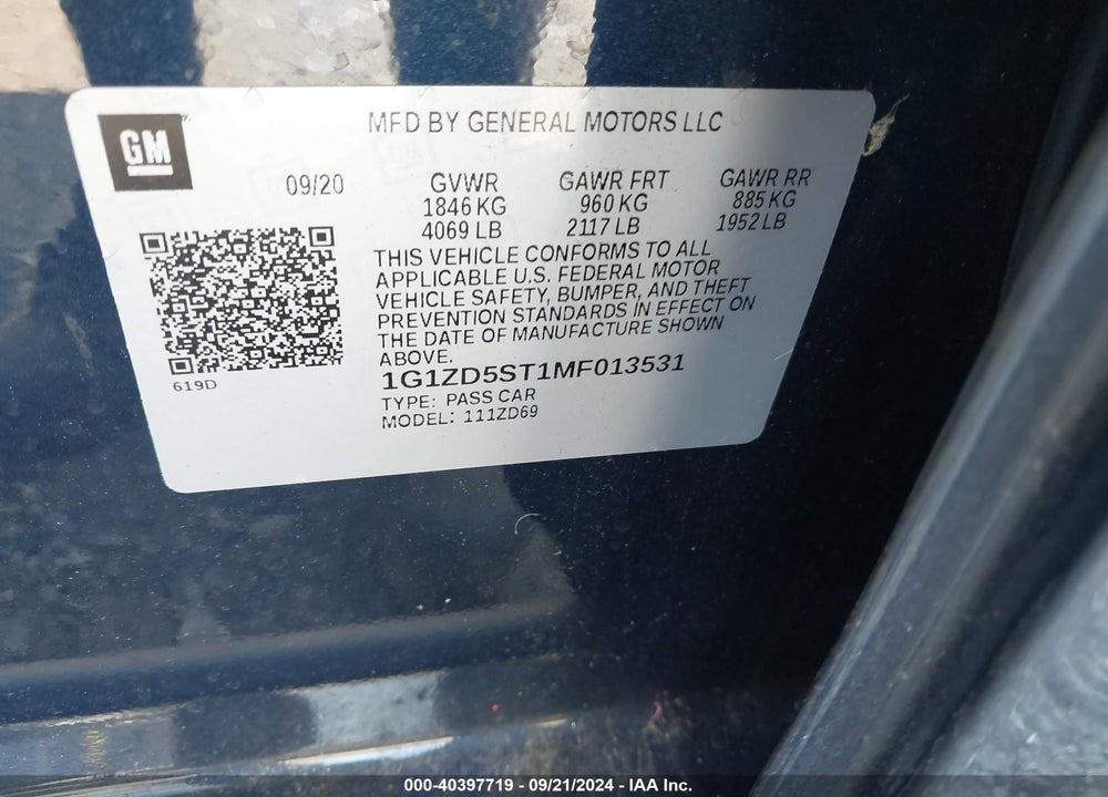 2021 CHEVROLET MALIBU LT VIN: 1G1ZD5ST1MF013531
