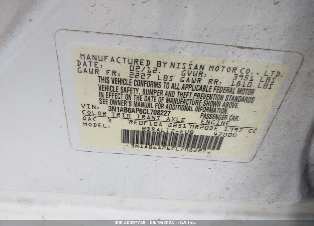2012 NISSAN SENTRA 2.0 S VIN: 3N1AB6AP6CL708227