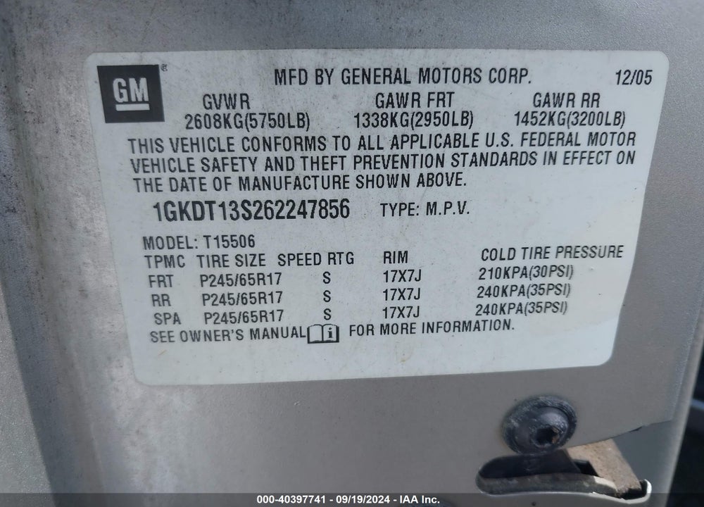 2006 GMC ENVOY SLE VIN: 1GKDT13S262247856