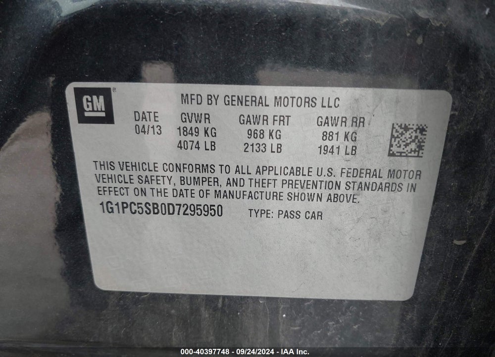 2013 CHEVROLET CRUZE 1LT AUTO VIN: 1G1PC5SB0D7295950