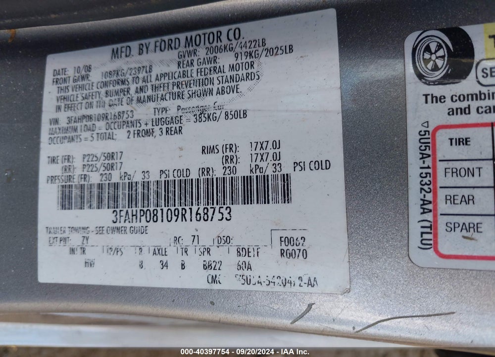 2009 FORD FUSION SEL VIN: 3FAHP08109R168753
