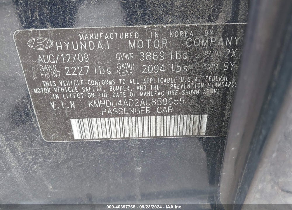 2010 HYUNDAI ELANTRA GLS VIN: KMHDU4AD2AU858655