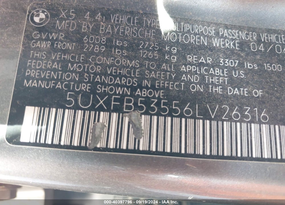 2006 BMW X5 4.4I VIN: 5UXFB53556LV26316