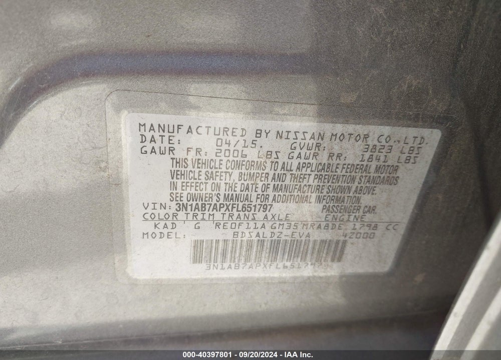 2015 NISSAN SENTRA FE+ S/S/SL/SR/SV VIN: 3N1AB7APXFL651797