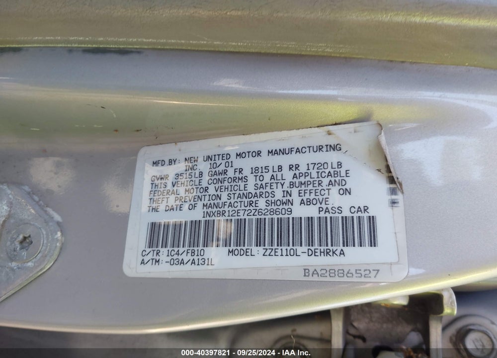 2002 TOYOTA COROLLA CE VIN: 1NXBR12E72Z628609