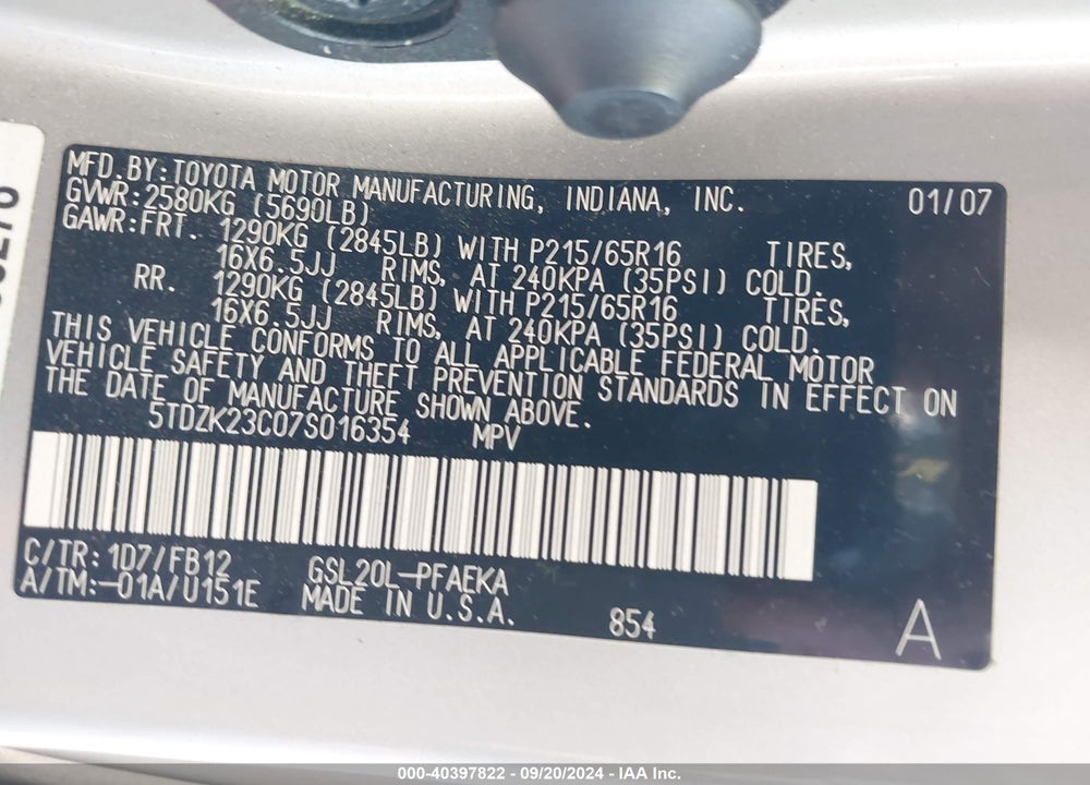 2007 TOYOTA SIENNA CE VIN: 5TDZK23C07S016354