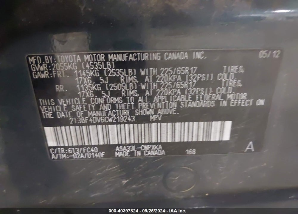 2012 TOYOTA RAV4 VIN: 2T3BF4DV6CW219243
