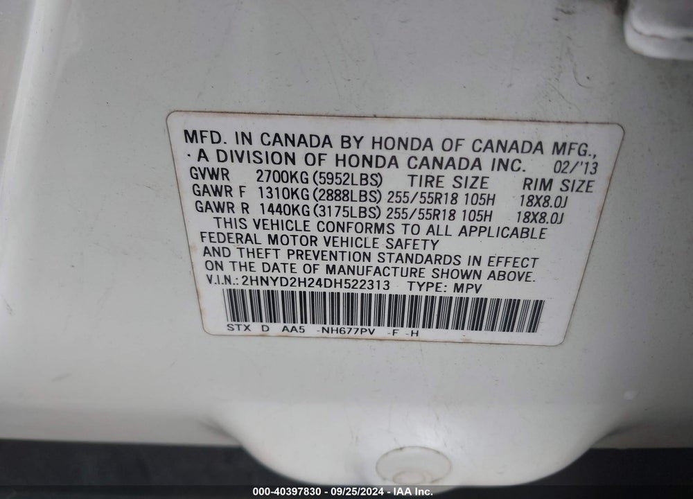 2013 ACURA MDX VIN: 2HNYD2H24DH522313