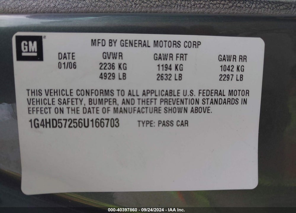 2006 BUICK LUCERNE CXL VIN: 1G4HD57256U166703