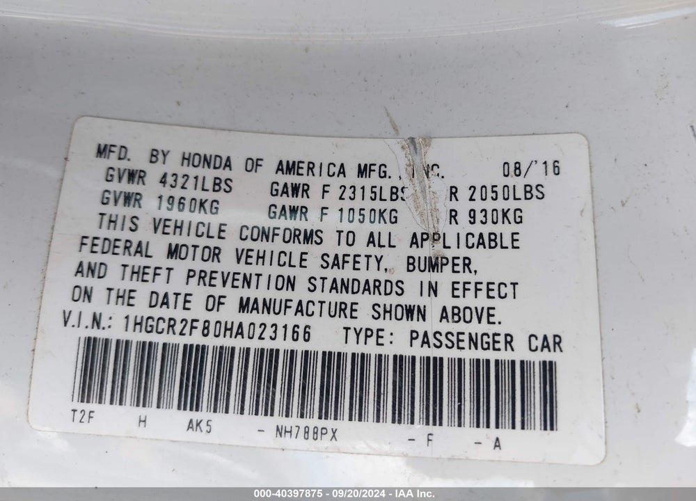 2017 HONDA ACCORD EX-L VIN: 1HGCR2F80HA023166