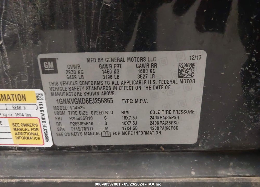 2014 CHEVROLET TRAVERSE 1LT VIN: 1GNKVGKD6EJ256865
