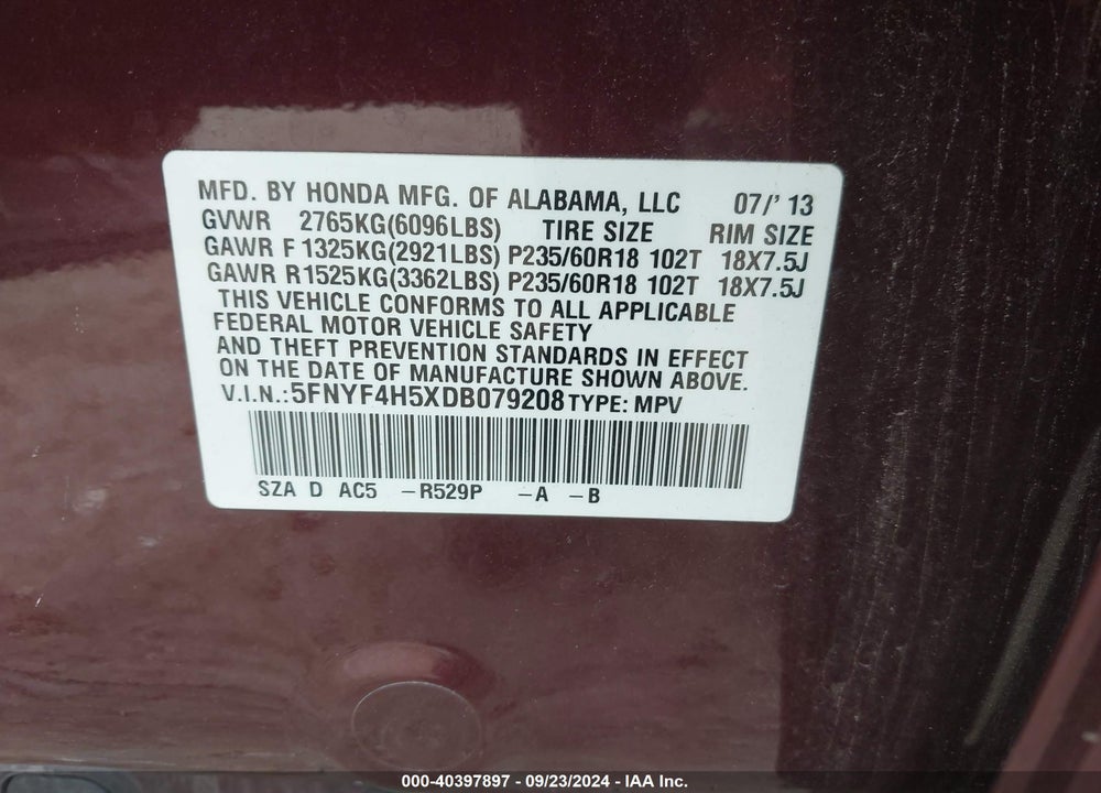 2013 HONDA PILOT EX-L VIN: 5FNYF4H5XDB079208