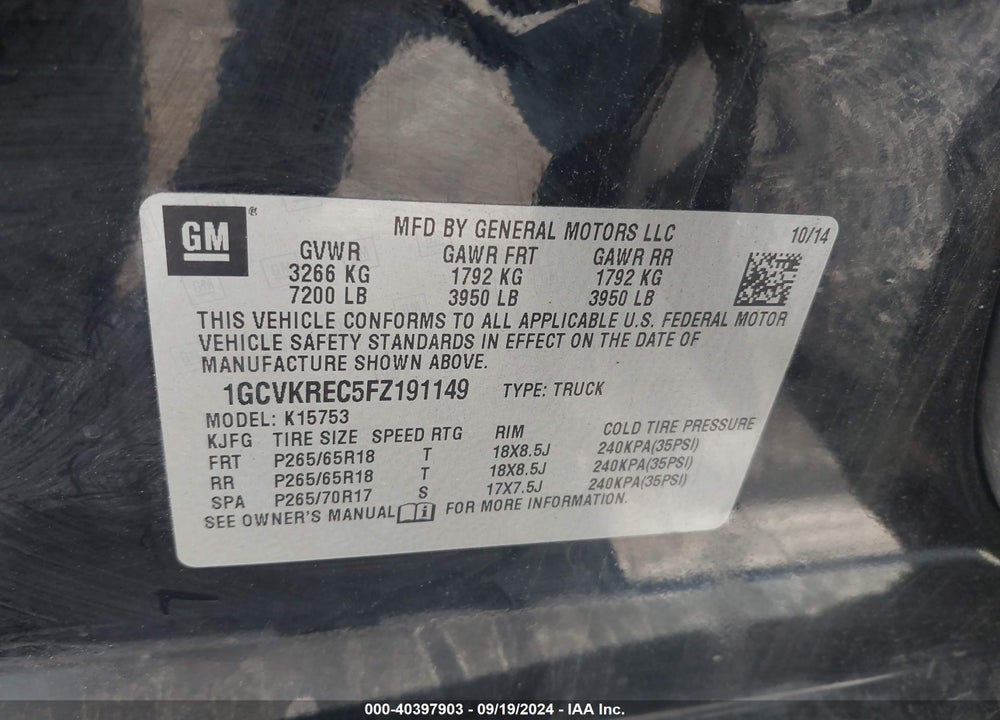 2015 CHEVROLET SILVERADO 1500 1LT VIN: 1GCVKREC5FZ191149