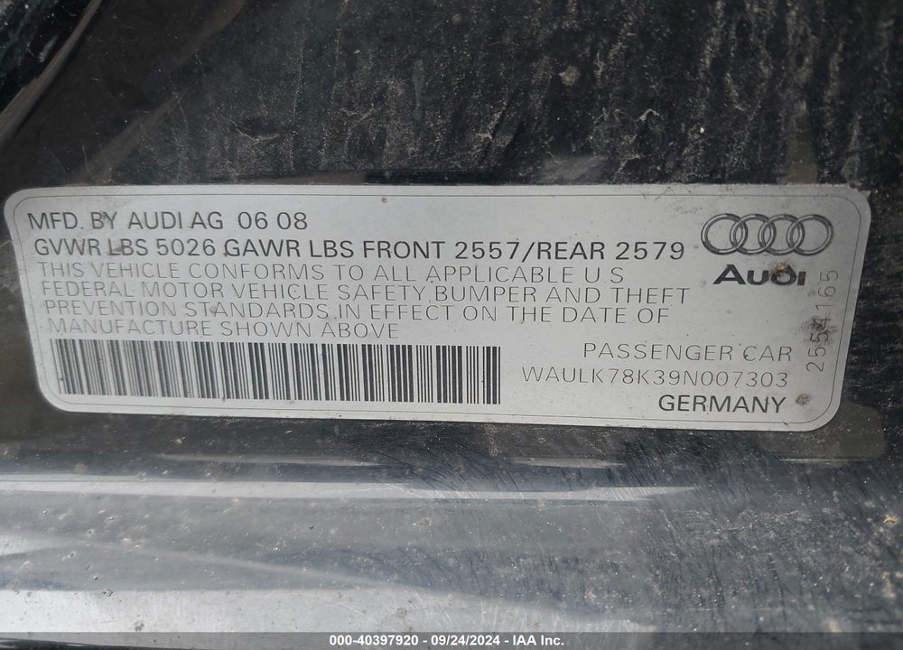 2009 AUDI A4 3.2 PREMIUM PLUS VIN: WAULK78K39N007303