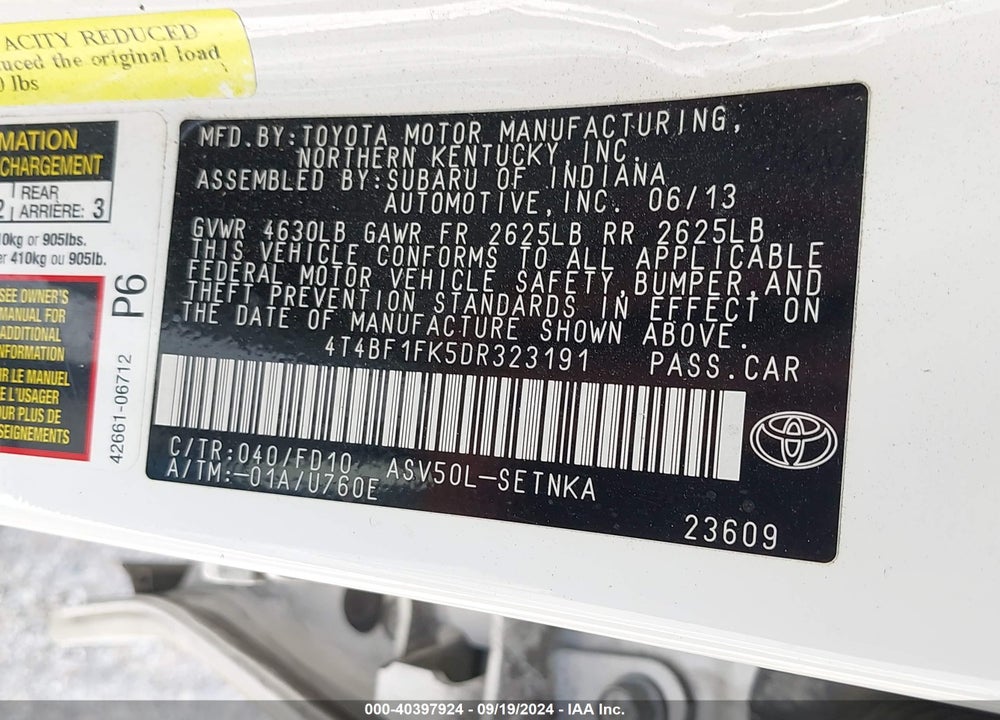2013 TOYOTA CAMRY LE VIN: 4T4BF1FK5DR323191