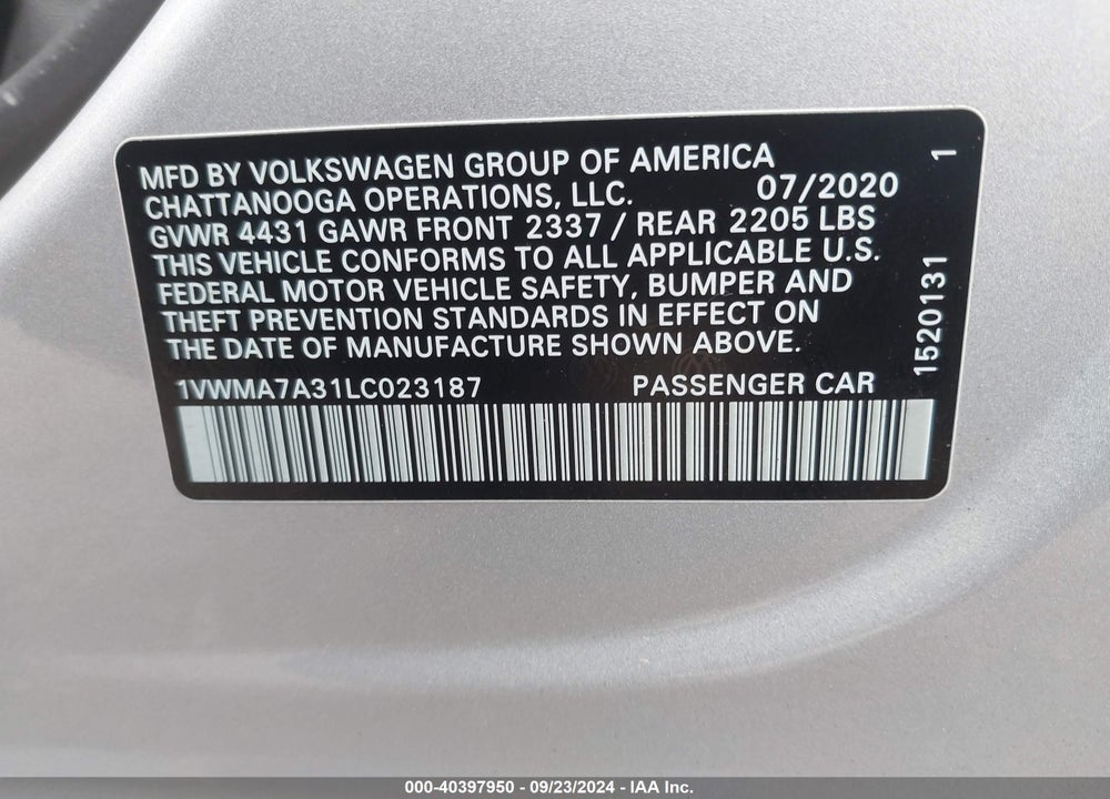 2020 VOLKSWAGEN PASSAT 2.0T R-LINE VIN: 1VWMA7A31LC023187