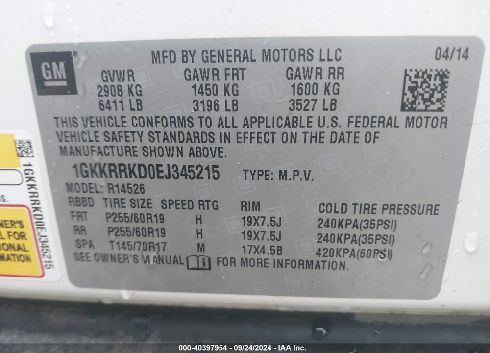 2014 GMC ACADIA SLT-1 VIN: 1GKKRRKD0EJ345215